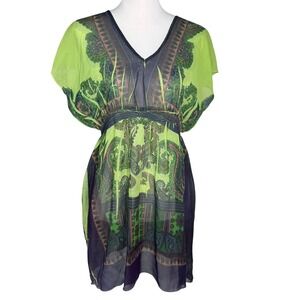 ONE WORLD Women's Medium Green Boho‎ Beach Cover Up Paisley Sheer Mini Dress